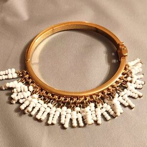 White Beaded Goldtone Bangle Bracelet Costume Jewelry